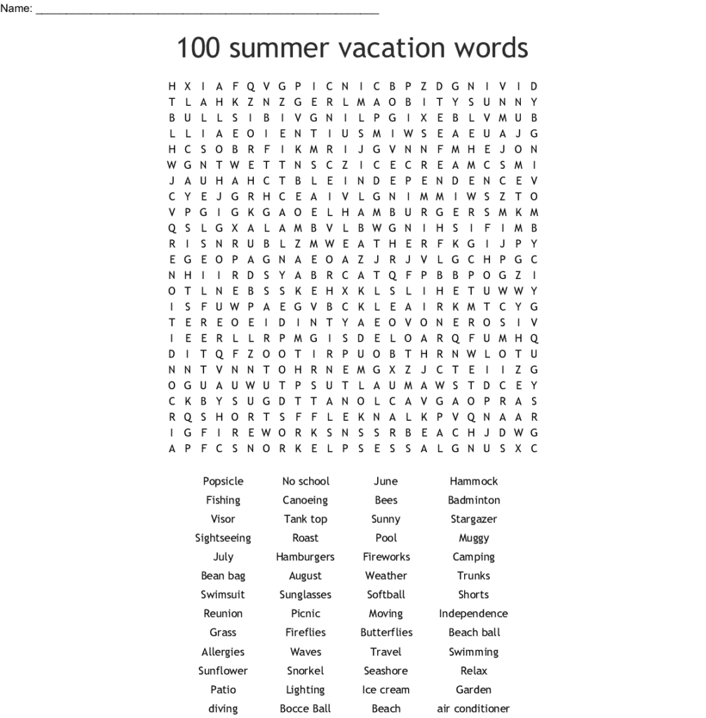 100 Summer Vacation Word Search Answers Word Search Printable - Worksheet 100 Summer Vacation Words Answer Key