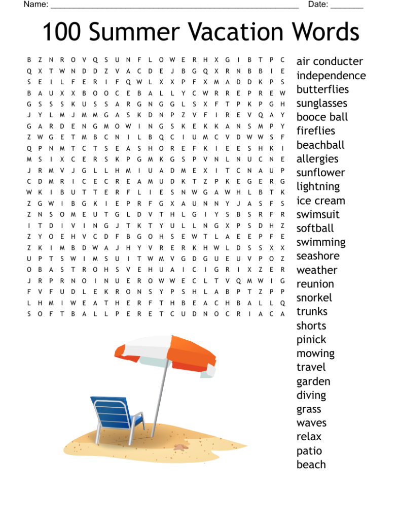 100 Word Summer Word Search - Worksheet 100 Summer Vacation Words Answer Key