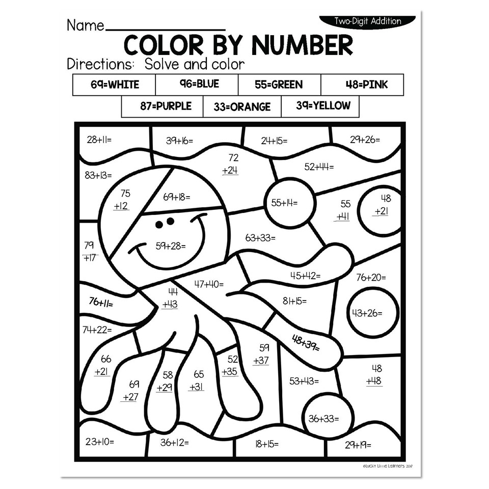 2 Digit Addition Summer Color By Number Octopus Lucky Little Learners - Double Digit Addition Summer Worksheets