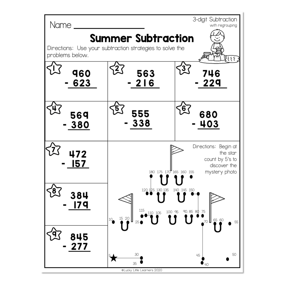 2nd Grade Math Worksheets 3 Digit Subtraction With Regrouping  - Summer Subtraction Worksheet