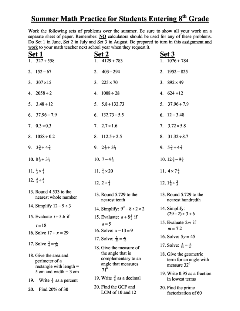 8th Grade Math Practice Printable Worksheet MySchoolsMath - Summer Math Worksheets 8Th Grade