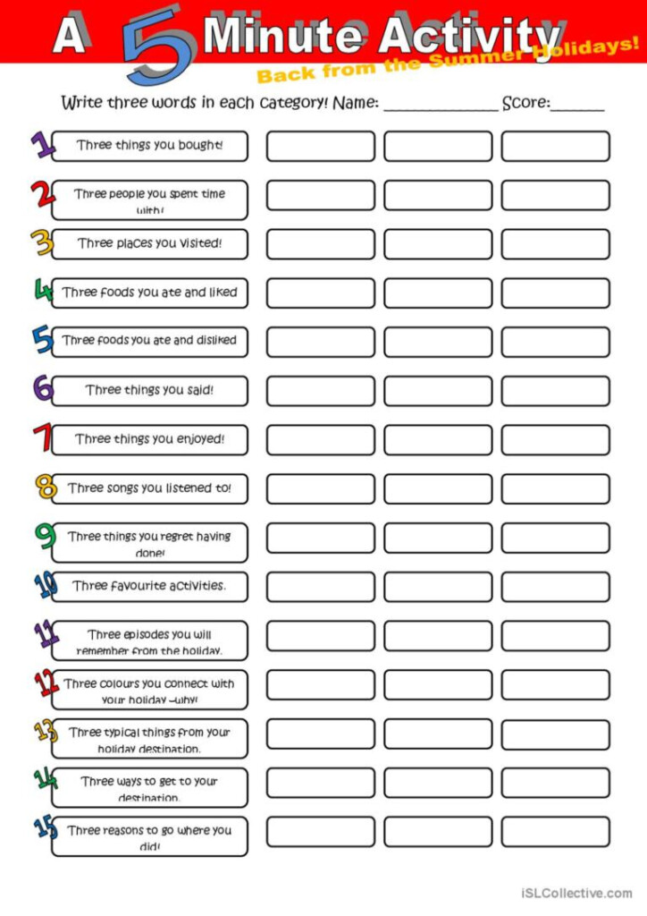 A 5 Minute Activity Back From The Su English ESL Worksheets Pdf Doc - Post Summer Vacation Worksheets