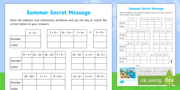 Addition And Subtraction Summer Secret Message Worksheet Worksheet - Summer Secret Message Worksheet