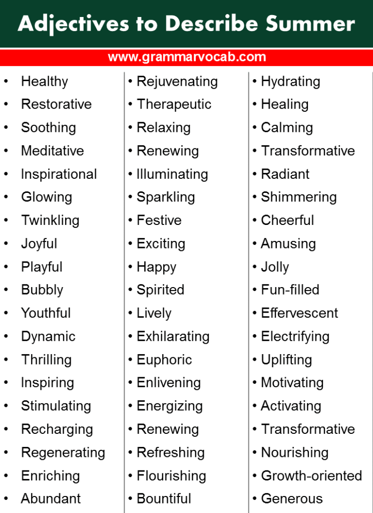 Adjectives To Describe Summer GrammarVocab - Summer Adjectives Worksheet