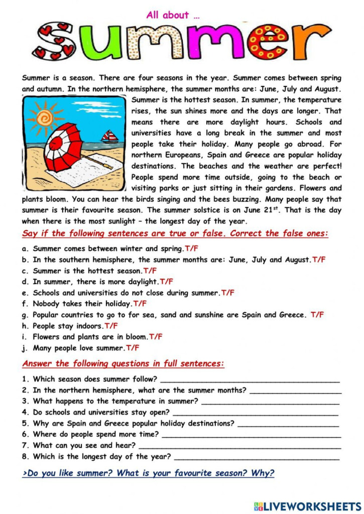 All about summer reading comprehension exercises 143050 Worksheet  - All About Summer Worksheet