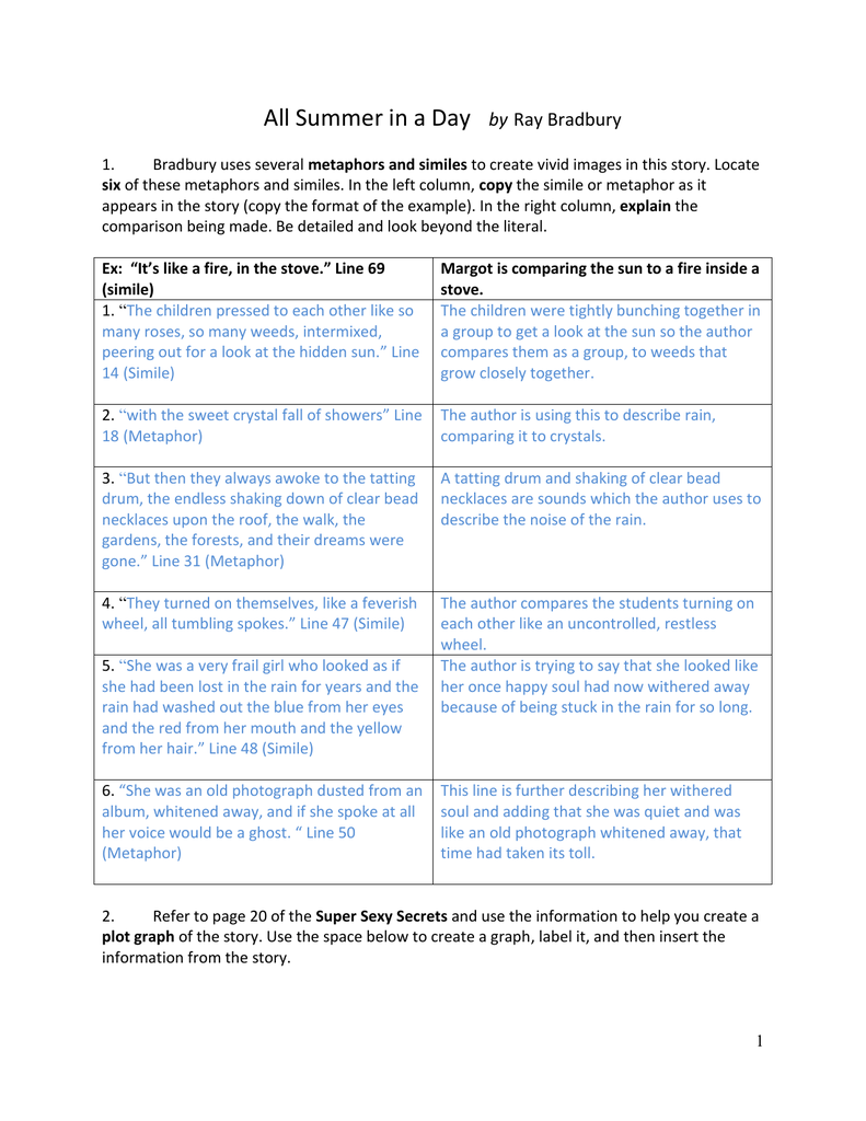 All Summer In A Day Answers - All Summer In A Day Worksheet Answer Key