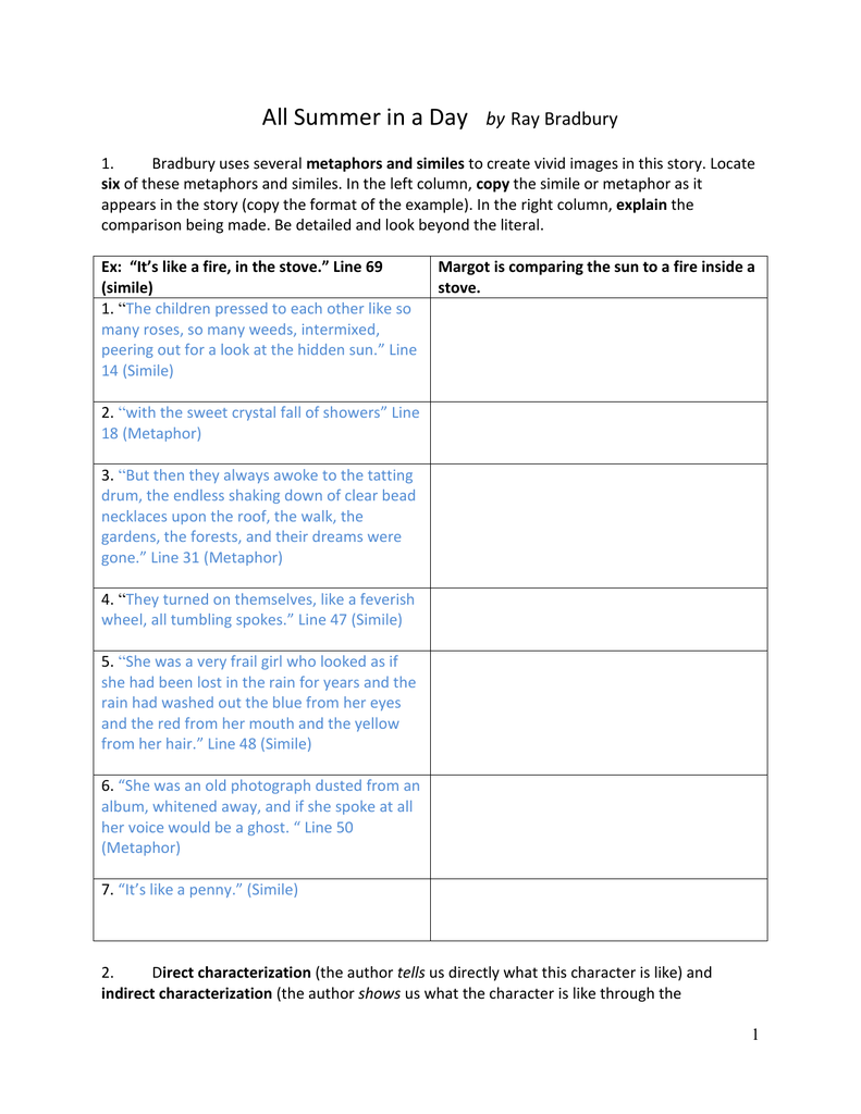 All Summer In A Day By Ray Bradbury Bradbury Uses Several - Similes And Metaphors In All Summer In A Day Worksheet