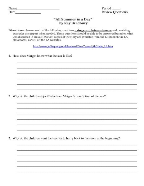  All Summer In A Day By Ray Bradbury Worksheet How To Memorize  - All Summer In A Day Movie Worksheet