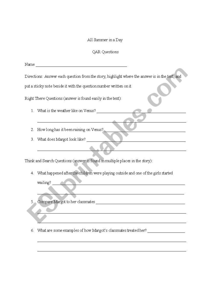 All Summer In A Day QAR Questions ESL Worksheet By Frabrooke - All Summer In A Day Comprehension Worksheet