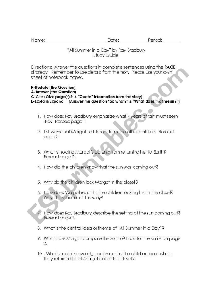 All Summer In A Day Worksheet - Similes And Metaphors In All Summer In A Day Worksheet