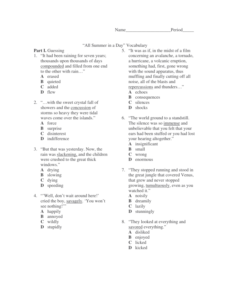 All Summer In A Day Worksheet - All Summer In A Day Theme Worksheet