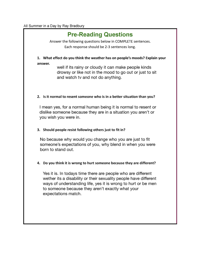 All Summer In A Day Worksheet All Summer In A Day By Ray Bradbury Pre  - All Summer In A Day Worksheet Answer Key