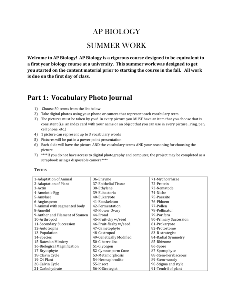 AP BIOLOGY SUMMER WORK - Ap Biology Summer Work Worksheet Answers