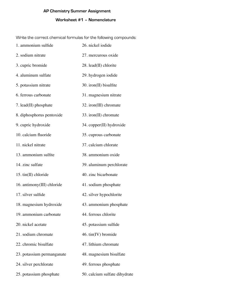 AP Chem Summer Assignment1 - Ap Chemistry Summer Assignment Worksheet 1