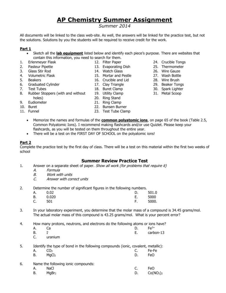 AP Chemistry Summer Assignment - Ap Chemistry Summer Assignment Worksheet 1 Math Skills