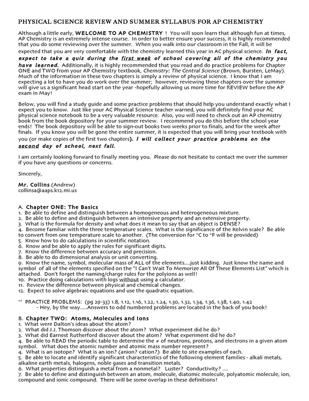 AP Chemistry Summer Assignment CHEMISTRYGODS NET - Ap Chem Summer Assignment Worksheet 1 Answers