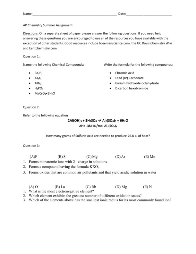 Ap Chemistry Summer Assignment Worksheet 1 Math Skills  - Ap Chemistry Summer Assignment Worksheet 1