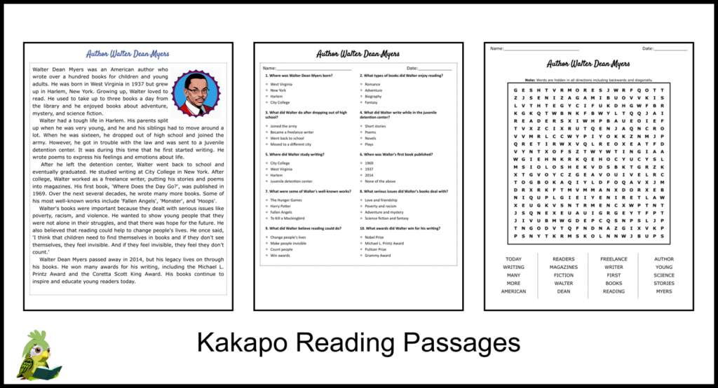 Author Walter Dean Myers Reading Comprehension And Word Search  - Summer Walter Dean Myers Worksheet Doc