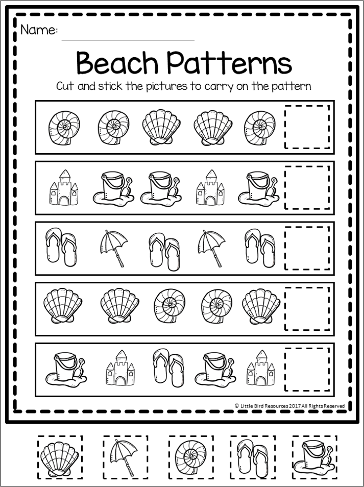 Beach Patterns Worksheet Free Pattern Worksheets For Kindergarten  - Summer Pattern Worksheets