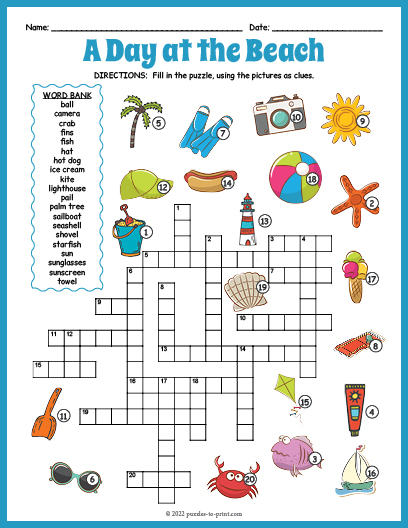 BEACH THEME DAY SUMMER Crossword Puzzle Worksheet Activity Made By  - Summer Puzzle Worksheets