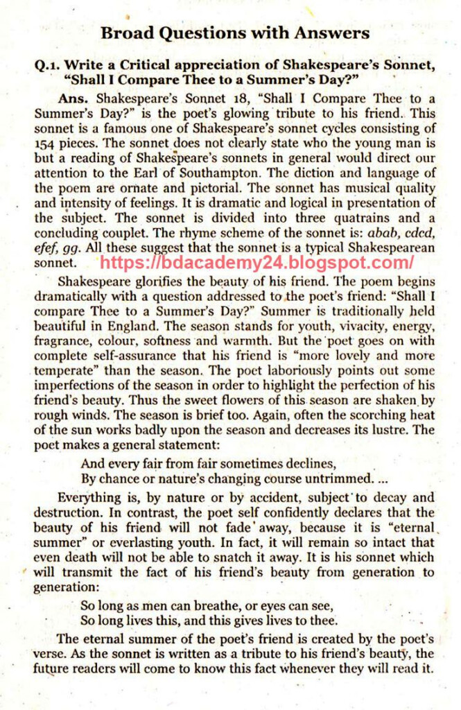 Broad Questions With Answers Shall I Compare Thee To A Summer s Day  - Shall I Compare Thee To A Summer'S Day Worksheet Answers