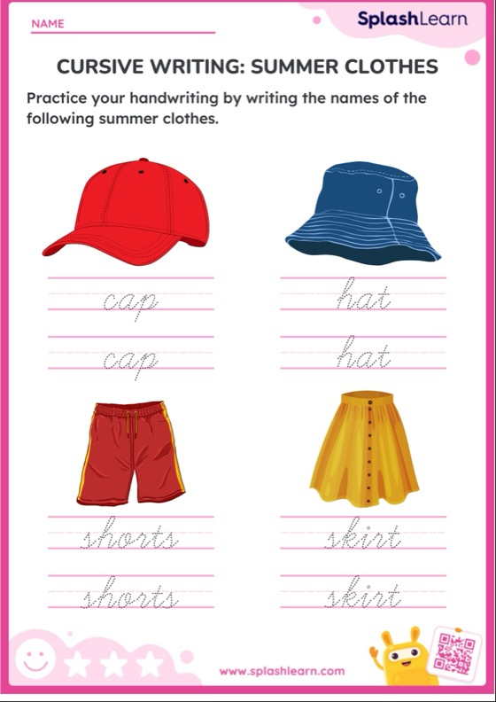 Cursive Writing Summer Clothes Printable ELA Worksheet - Cursive Summer Worksheets