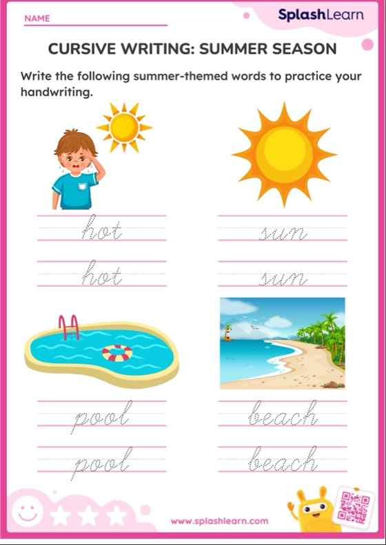 Cursive Writing Summer Season Printable ELA Worksheet - Cursive Summer Worksheets