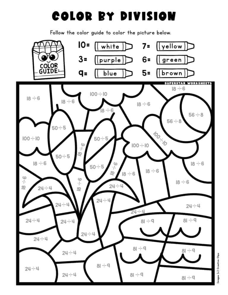 Division Color By Number Superstar Worksheets - Summer Division Worksheets