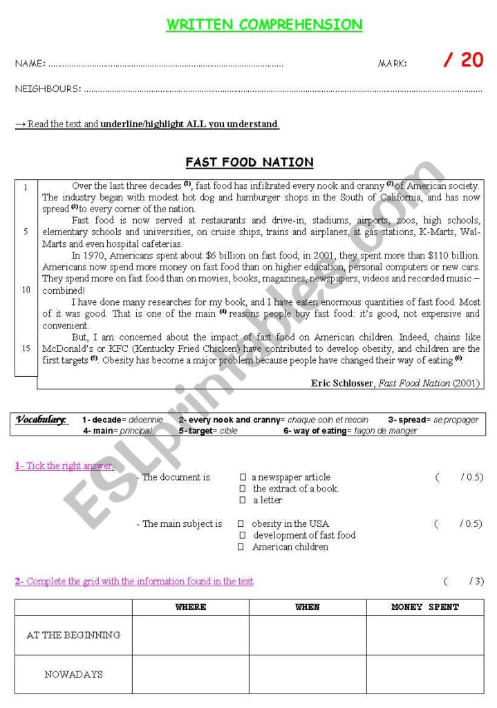 Fast Food Nation Test ESL Worksheet By Helenemonge - Fast Food Nation Summer Worksheet Answers