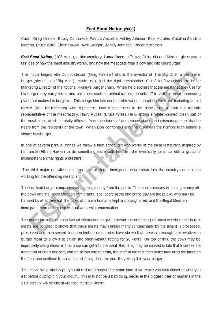 Fast Food Nation Worksheet ESL Worksheet By Adri57 - Fast Food Nation Summer Worksheet Answers