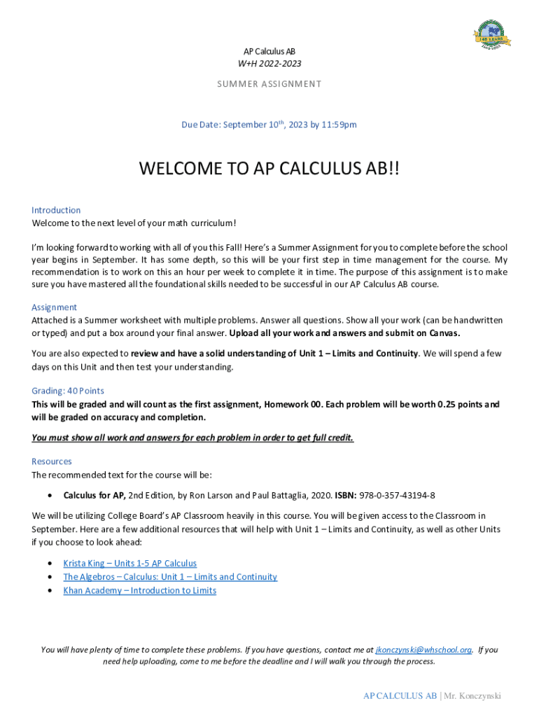 Fillable Online AP Calculus AB Summer Assignment pdf Fax Email Print  - Calculus Ab Summer Prep Worksheet