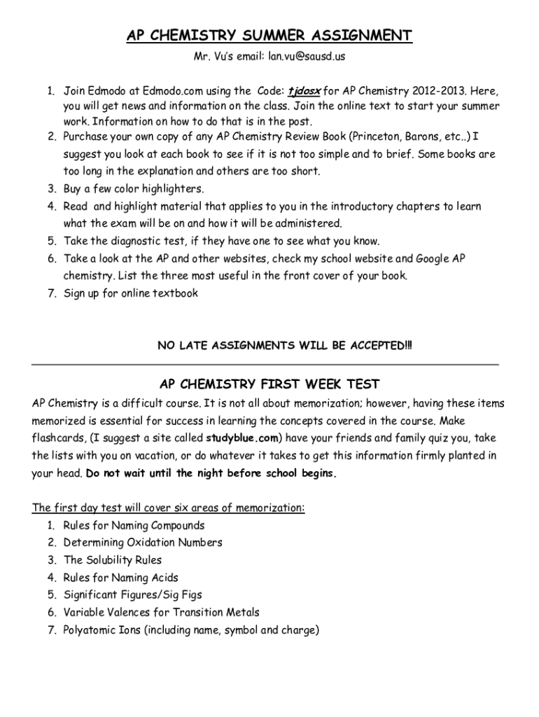 Fillable Online AP CHEMISTRY SUMMER ASSIGNMENT 1 To Access The Fax  - Ap Chemistry Summer Assignment Worksheet 1