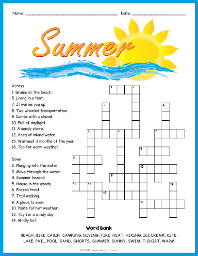 Free Printable Summer Crossword Puzzles - Worksheets Summer Words Crossword And States