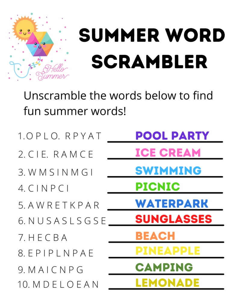 Free Printable Summer Word Scrambler For Kids 2 Summer Printable  - Summer Unscramble Worksheet