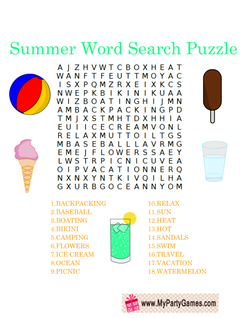 Free Printable Summer Word Search Puzzle With Key - Summer Puzzle Worksheets