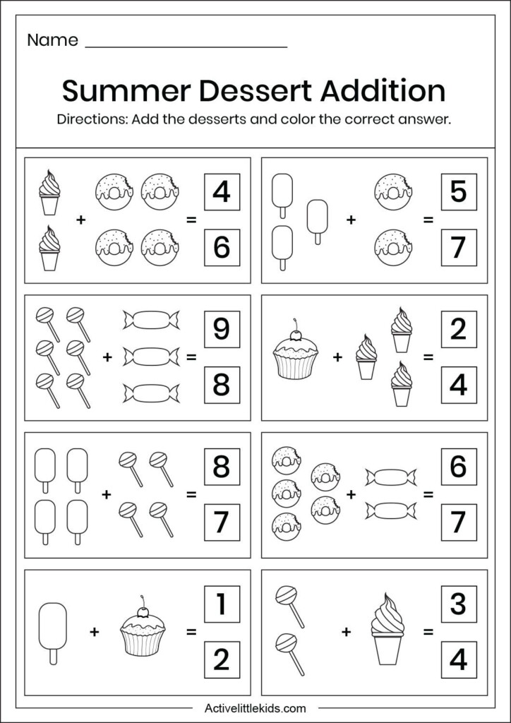 Free Summer Addition Worksheets For Kindergarten Kindergarten Math  - Addition Summer Worksheets