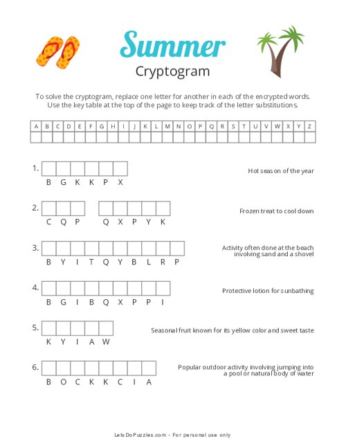 Free Summer Cryptogram Puzzle Printable - Summer Cryptogram Worksheet