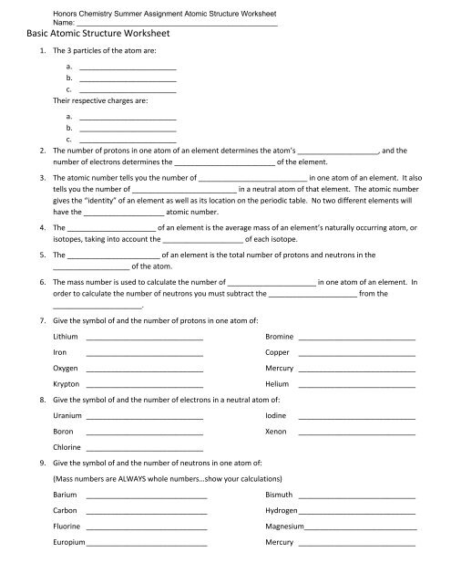 Honors Chemistry Summer Assignment Atomic Structure Worksheet  - Honors Chemistry Summer Assignment Atomic Structure Worksheet Answers