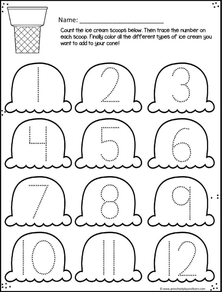 Ice Cream Cone Trace Numbers 1 12 Summer Worksheets For Preschoolers  - Summer Ice Cream Cone Writing Worksheet