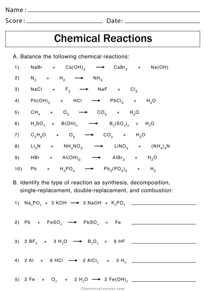 Identify The 5 Types Of Chemical Reactions - Summer Worksheet 5 Chemistry