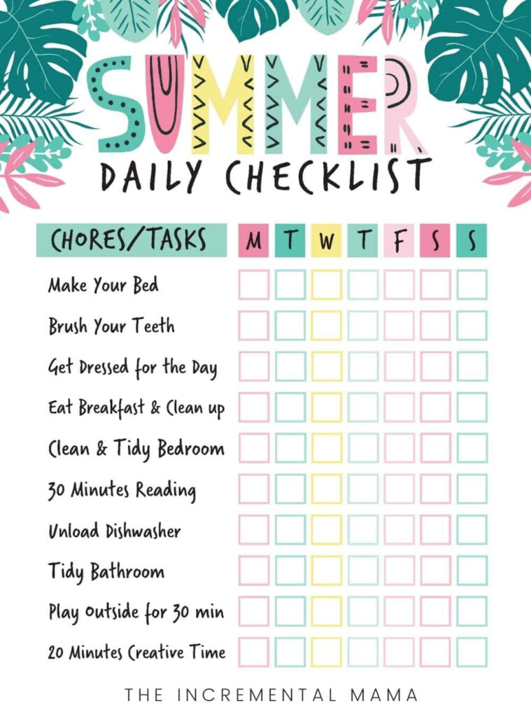 Kids Summer Chore Chart - Kids Summer Worksheet Checklist