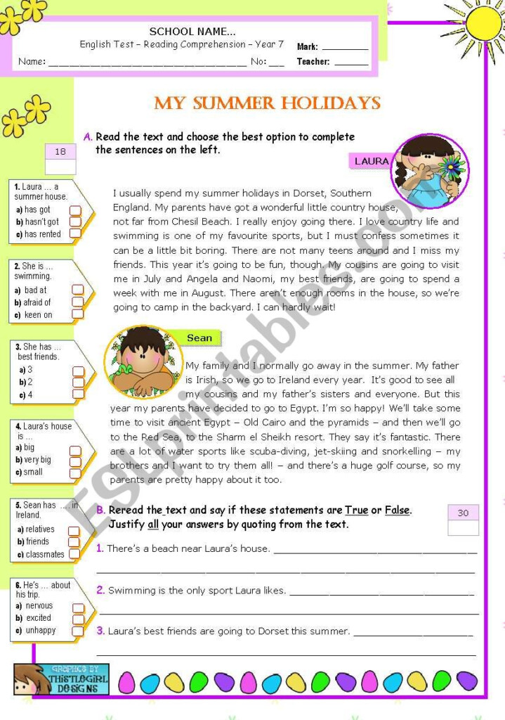 My Summer Holidays Reading Comprehension ESL Worksheet By Mena22 - Summer Holiday Reading Comprehension Worksheets