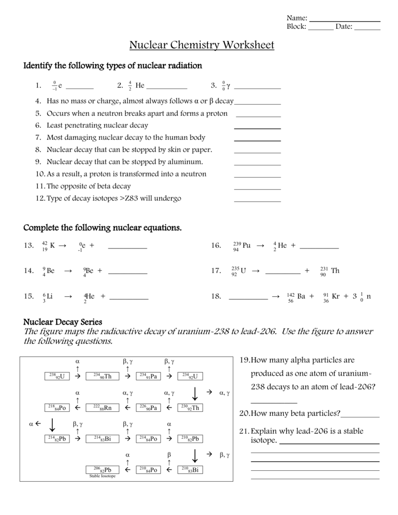 Nuclear Chemistry Worksheet - Nuclear Chemistry Summer Practice Worksheet