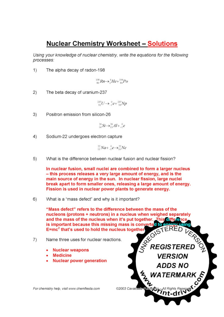 Nuclear Chemistry Worksheet Wendelina - Nuclear Chemistry Summer Worksheet