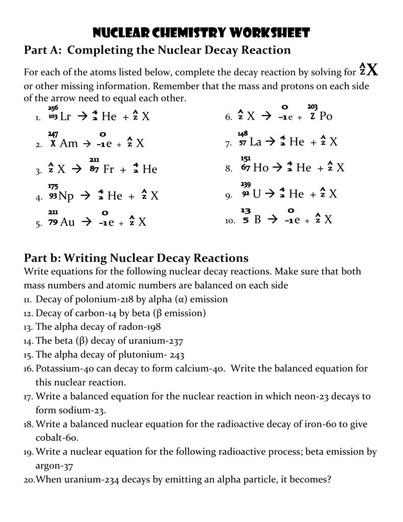 Nuclear Chemistry Worksheet - Nuclear Chemistry Summer Practice Worksheet