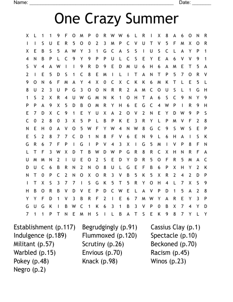 One Crazy Summer Word Search WordMint - Novel Queen Worksheet One Crazy Summer