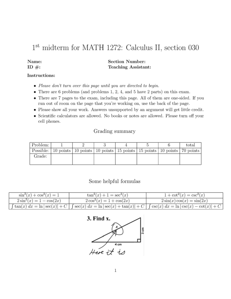 Practice Midterm 1 1 St Midterm For MATH 1272 Calculus II Section  - Math 1272 Summer 2024 Worksheet 20