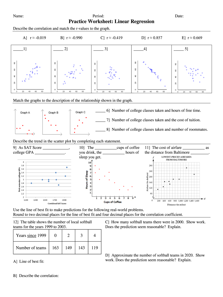 Practice With Linear Regression Worksheet Answers Fill Online  - Math 1200 College Algebra Regression Line Worksheet Summer 2024 Answers