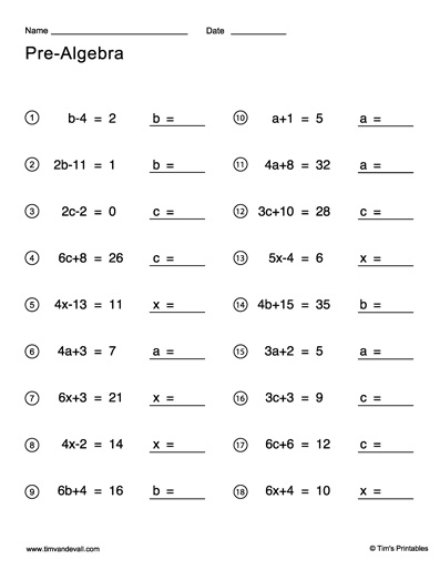 Pre Algebra Worksheets Tim s Printables - Summer Prealgebra Practice Worksheets