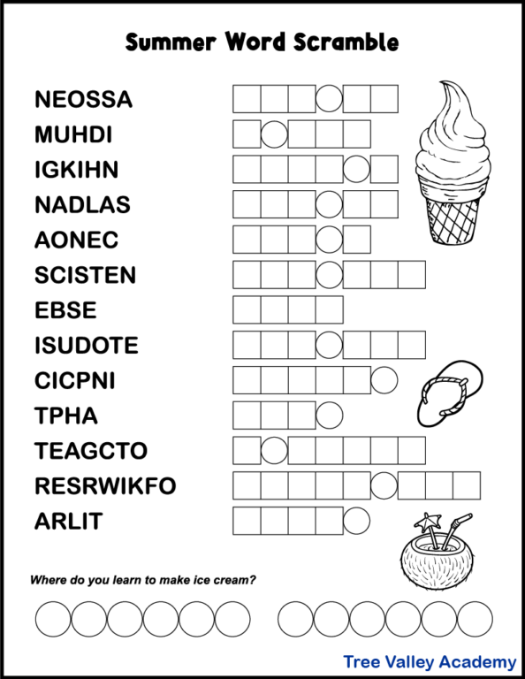 Printable Summer Word Scrambles For Kids Tree Valley Academy - Free Summer Practice Worksheets For 4Th Grade